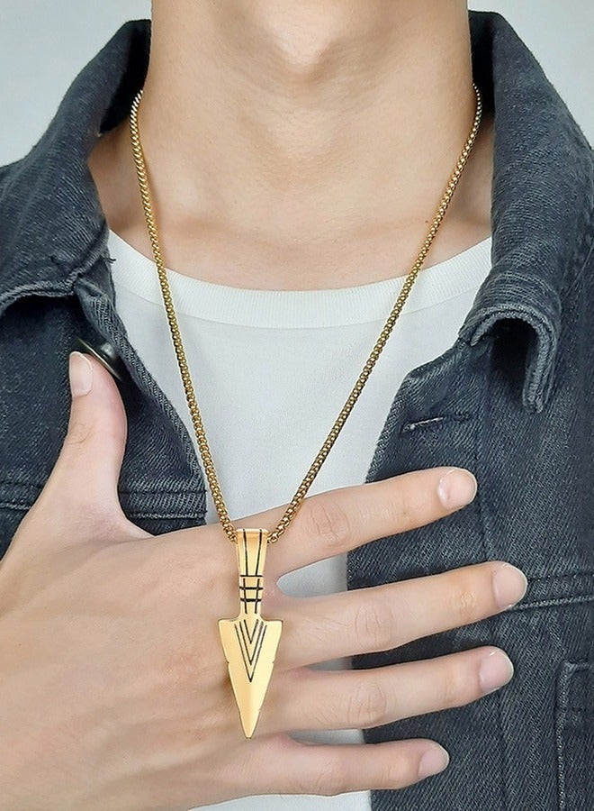 European and American men's triangular spear head pendant necklace. Stainless steel titanium steel pearl chain 【gold】 - Image 1