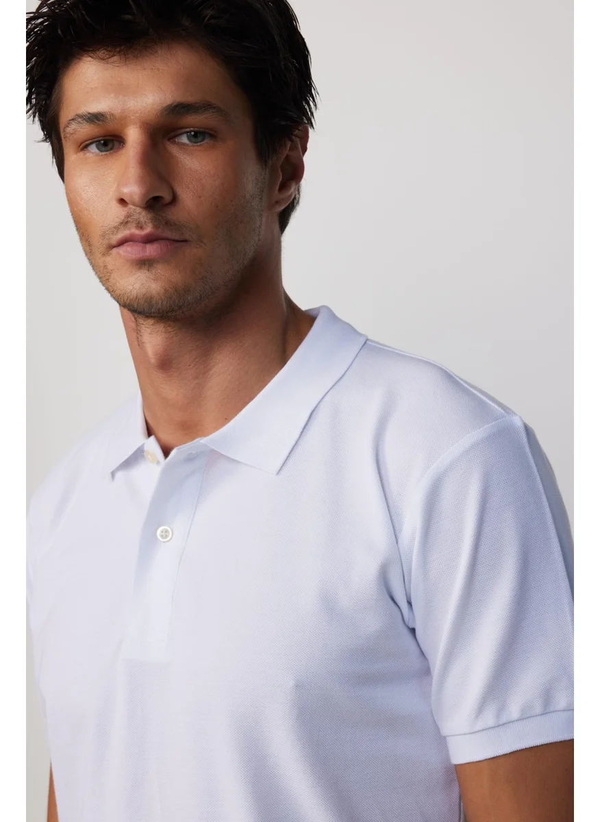 Tudors Men's Slim Fit Narrow Cut Cotton Soft Textured Cool Keeping Fabric Plain Pique White Polo Collar T-Shirt