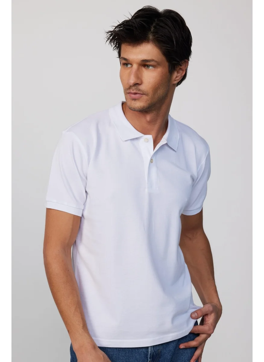 Tudors Men's Slim Fit Narrow Cut Cotton Soft Textured Cool Keeping Fabric Plain Pique White Polo Collar T-Shirt