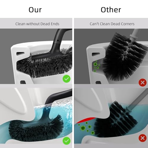 HAMITOR Toilet Bowl Brush Holder Set: Bathroom Deep Cleaning Toilet Cleaner Scrubber Under Rim with Curved Bristle for Dead Corner Clean - Hidden Rv Toilet Decorative Accessories with Caddy- Black - Image 3