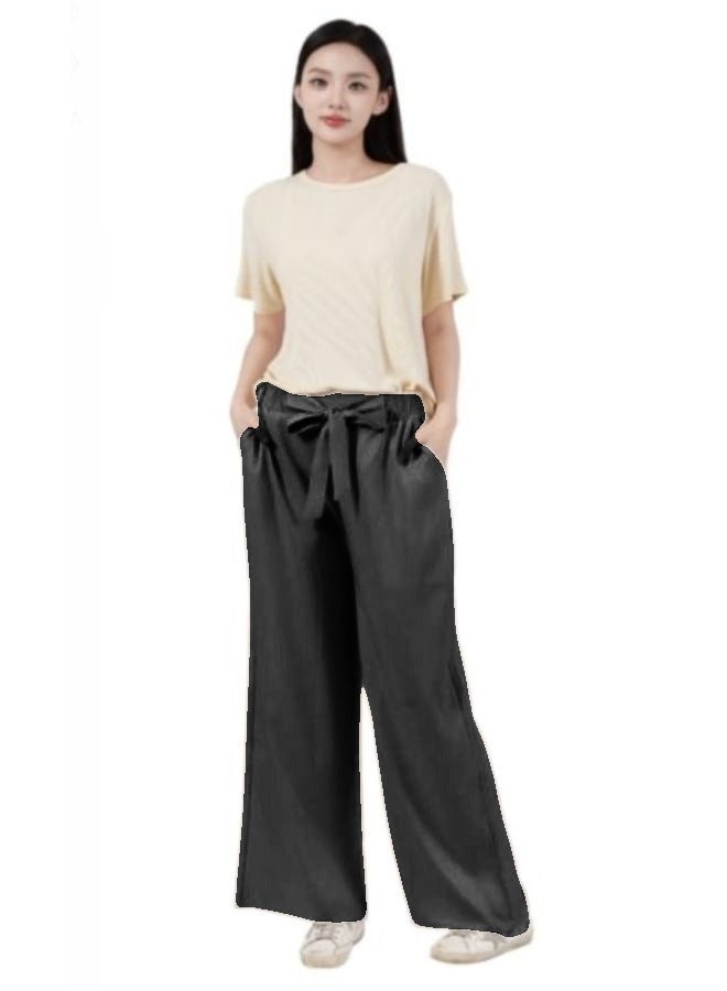 Women High Waisted Palazzo Pants Wide Leg Casual Flowy Tie Knot Trousers with Pockets - Image 1