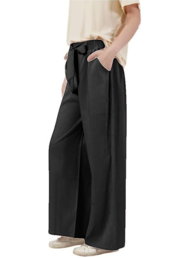 Women High Waisted Palazzo Pants Wide Leg Casual Flowy Tie Knot Trousers with Pockets - Image 2