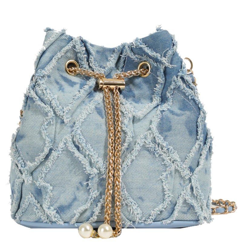 Extolove Denim Bucket Bag Quilted Drawstring Jean Purses for Women Denim Clutch Hobo Bags Crossbody Handbag (Blue) - Image 1