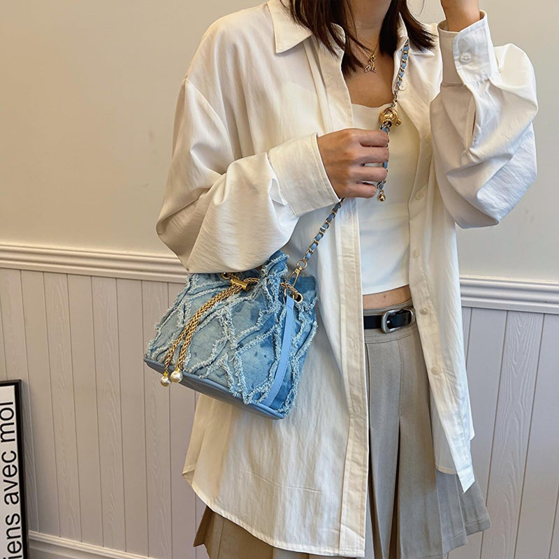 Extolove Denim Bucket Bag Quilted Drawstring Jean Purses for Women Denim Clutch Hobo Bags Crossbody Handbag (Blue) - Image 2
