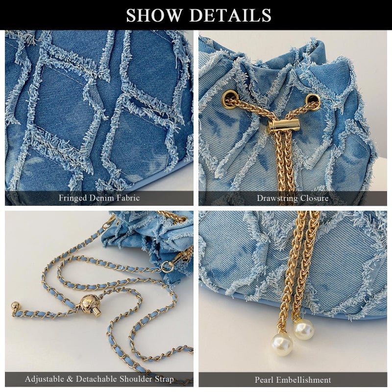 Extolove Denim Bucket Bag Quilted Drawstring Jean Purses for Women Denim Clutch Hobo Bags Crossbody Handbag (Blue) - Image 5