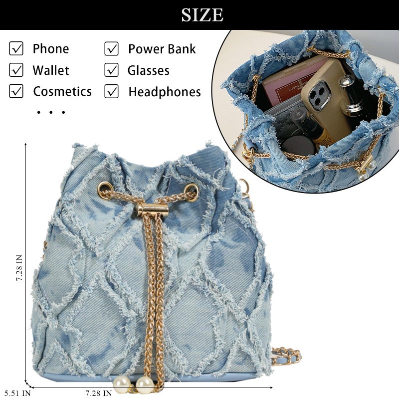 Extolove Denim Bucket Bag Quilted Drawstring Jean Purses for Women Denim Clutch Hobo Bags Crossbody Handbag (Blue) - Image 4
