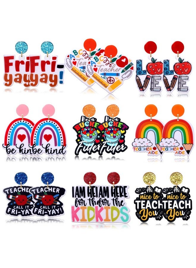 PHALIN 9/12 Pairs Teacher Earrings For Women Acrylic Apple Pencil Dangle Earrings Statement Rainbow Fri-Yay Earrings Back To School Accessory Teacher Appreciation Gifts (9Pairs) - Image 1