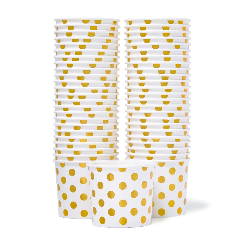 MATICAN Paper Ice Cream Cups  50Count 9Oz Disposable Dessert Bowls for Hot or Cold Food 9Ounce Party Supplies Treat Cups for Sundae Frozen Yogurt Soup Gold Foil Polka Dots