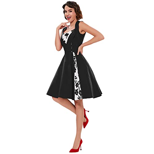 KILLREAL Women's Vintage Floral Print Sleeveless Casual Rockabilly Cocktail Dress Black/White Small - Image 3
