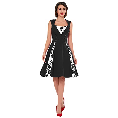 KILLREAL Women's Vintage Floral Print Sleeveless Casual Rockabilly Cocktail Dress Black/White Small - Image 1