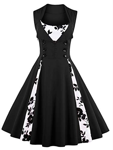 KILLREAL Women's Vintage Floral Print Sleeveless Casual Rockabilly Cocktail Dress Black/White Small - Image 4