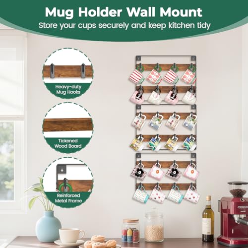 EsLuker.ly Mug Holder Hanger Rack Wall Mounted Wooden 3 Pack Coffee Cup Storage Organizer Display Shelf with 24 Movable Plastic Hooks, Ideal for Mug Collectors - Image 3