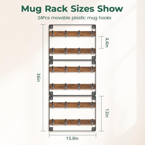 EsLuker.ly Mug Holder Hanger Rack Wall Mounted Wooden 3 Pack Coffee Cup Storage Organizer Display Shelf with 24 Movable Plastic Hooks, Ideal for Mug Collectors - Image 4