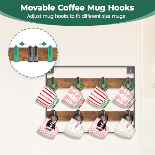 EsLuker.ly Mug Holder Hanger Rack Wall Mounted Wooden 3 Pack Coffee Cup Storage Organizer Display Shelf with 24 Movable Plastic Hooks, Ideal for Mug Collectors - Image 2