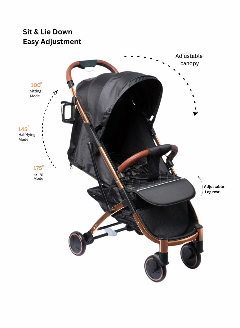 Moms Magic Compact Baby Stroller for Travel | 360° Rotatable Wheels, Five-Point Harness | Copper Color Aluminum Frame | Adjustable Canopy & Easy Carry with Pull Handle | Free Cup Holder  - Image 3