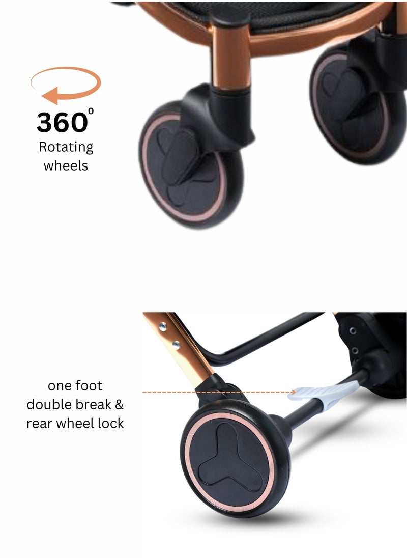 Moms Magic Compact Baby Stroller for Travel | 360° Rotatable Wheels, Five-Point Harness | Copper Color Aluminum Frame | Adjustable Canopy & Easy Carry with Pull Handle | Free Cup Holder  - Image 4