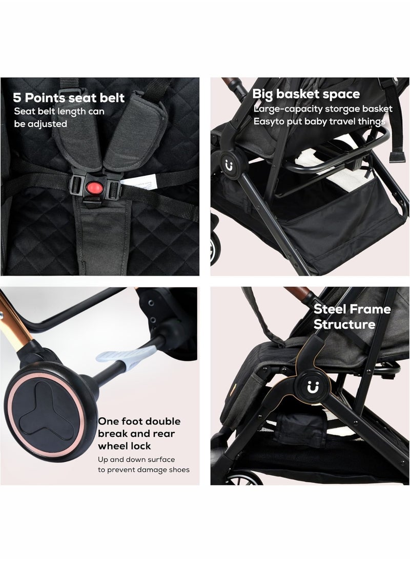 Moms Magic Compact Baby Stroller for Travel | 360° Rotatable Wheels, Five-Point Harness | Copper Color Aluminum Frame | Adjustable Canopy & Easy Carry with Pull Handle | Free Cup Holder  - Image 5