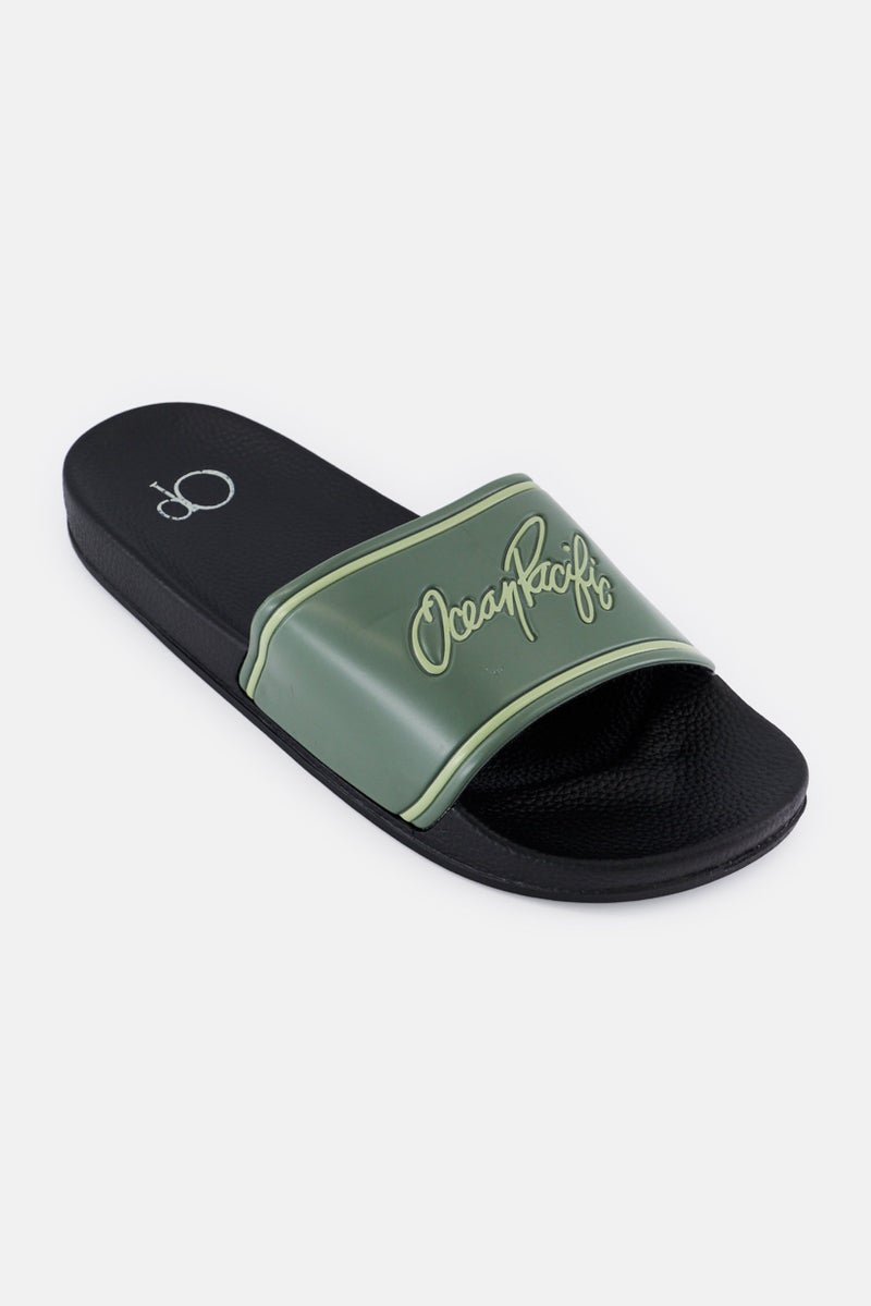 Ocean Pacific Men Brand Logo Slip On Slides, Olive  - Image 1