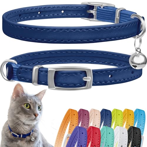 CollarDirect Leather Cat Collar, Kitten Collar with Removable Bell Black Blue Red Orange Lime Green (Neck Fit 8"-11", Navy Blue) - Image 1