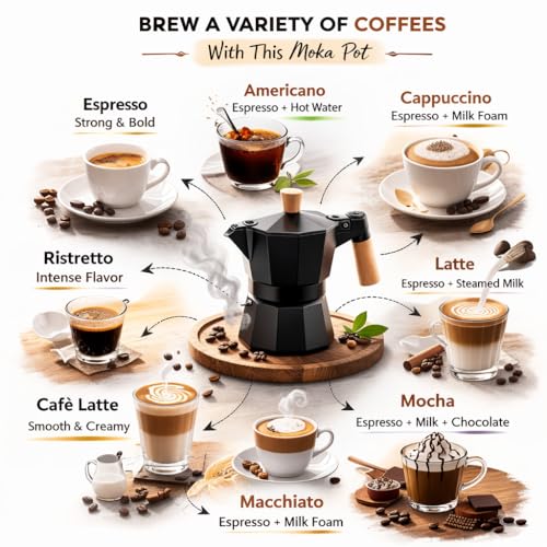 AAshonee Italian Coffee Maker | Espresso Moka Pot 3 Cup (150ml) | Black Aluminum Stovetop Espresso Maker | Real Wooden Handle - Image 3