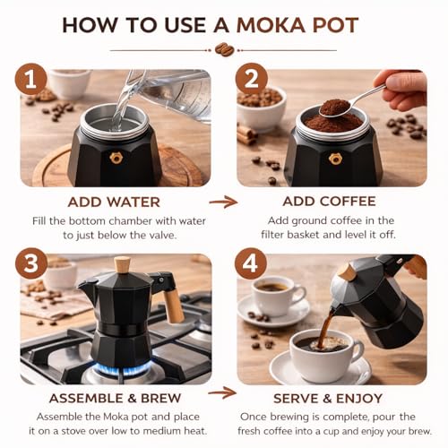 AAshonee Italian Coffee Maker | Espresso Moka Pot 3 Cup (150ml) | Black Aluminum Stovetop Espresso Maker | Real Wooden Handle - Image 4