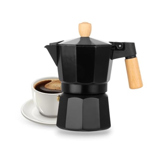 AAshonee Italian Coffee Maker | Espresso Moka Pot 3 Cup (150ml) | Black Aluminum Stovetop Espresso Maker | Real Wooden Handle - Image 1