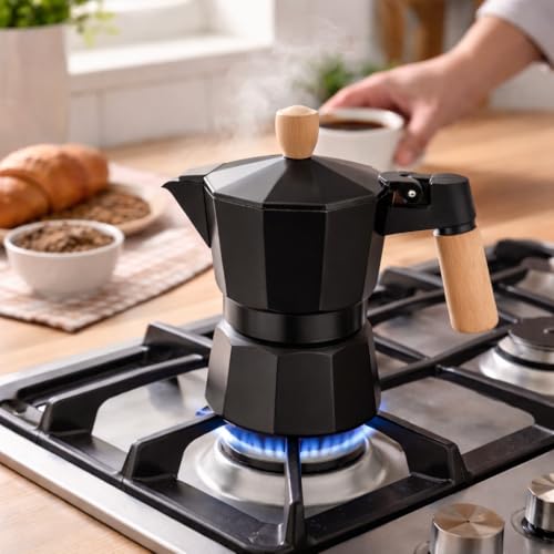 AAshonee Italian Coffee Maker | Espresso Moka Pot 3 Cup (150ml) | Black Aluminum Stovetop Espresso Maker | Real Wooden Handle - Image 2