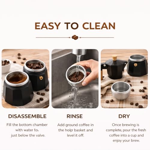 AAshonee Italian Coffee Maker | Espresso Moka Pot 3 Cup (150ml) | Black Aluminum Stovetop Espresso Maker | Real Wooden Handle - Image 5