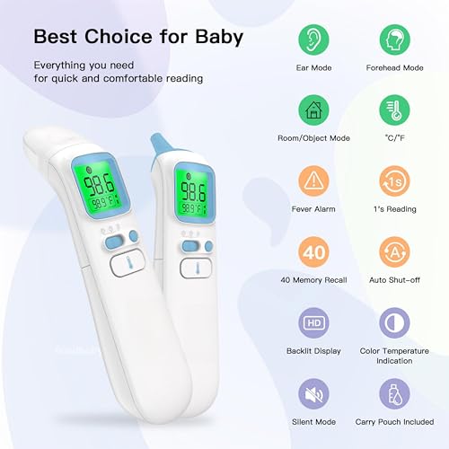 Goodbaby ترمومتر للأذن والجبهة للبالغين، ترمومتر رقمي بالأشعة تحت الحمراء 3 في 1 للأطفال والرضع، قراءة دقيقة في 1 ثانية، تنبيه للحمى، شاشة مضاءة من الخلف وحقيبة تخزين - Image 2