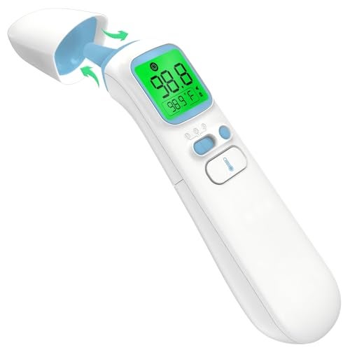 Goodbaby ترمومتر للأذن والجبهة للبالغين، ترمومتر رقمي بالأشعة تحت الحمراء 3 في 1 للأطفال والرضع، قراءة دقيقة في 1 ثانية، تنبيه للحمى، شاشة مضاءة من الخلف وحقيبة تخزين - Image 1