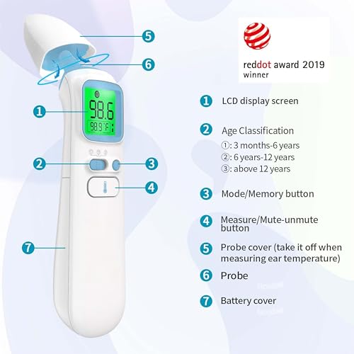 Goodbaby ترمومتر للأذن والجبهة للبالغين، ترمومتر رقمي بالأشعة تحت الحمراء 3 في 1 للأطفال والرضع، قراءة دقيقة في 1 ثانية، تنبيه للحمى، شاشة مضاءة من الخلف وحقيبة تخزين - Image 3