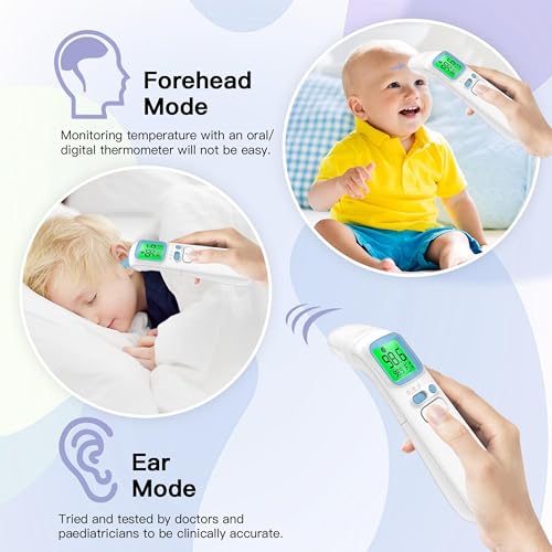 Goodbaby ترمومتر للأذن والجبهة للبالغين، ترمومتر رقمي بالأشعة تحت الحمراء 3 في 1 للأطفال والرضع، قراءة دقيقة في 1 ثانية، تنبيه للحمى، شاشة مضاءة من الخلف وحقيبة تخزين - Image 5