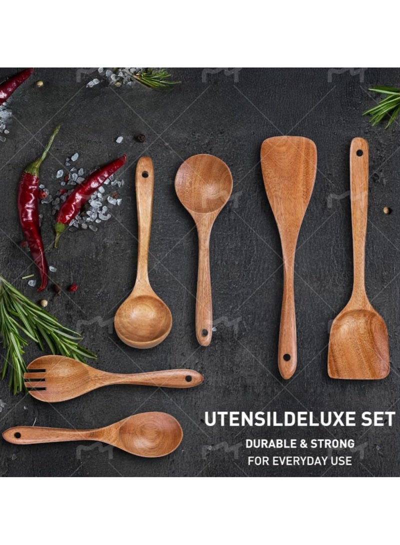 Halamine Wooden Kitchen Utensils Set, LBMT 6Pcs Natural Teak Wooden Spoons For Non-stick Pan for Cooking, Includes Spoons, Ladles, Strainer Spoon, Salad Fork, - Image 2