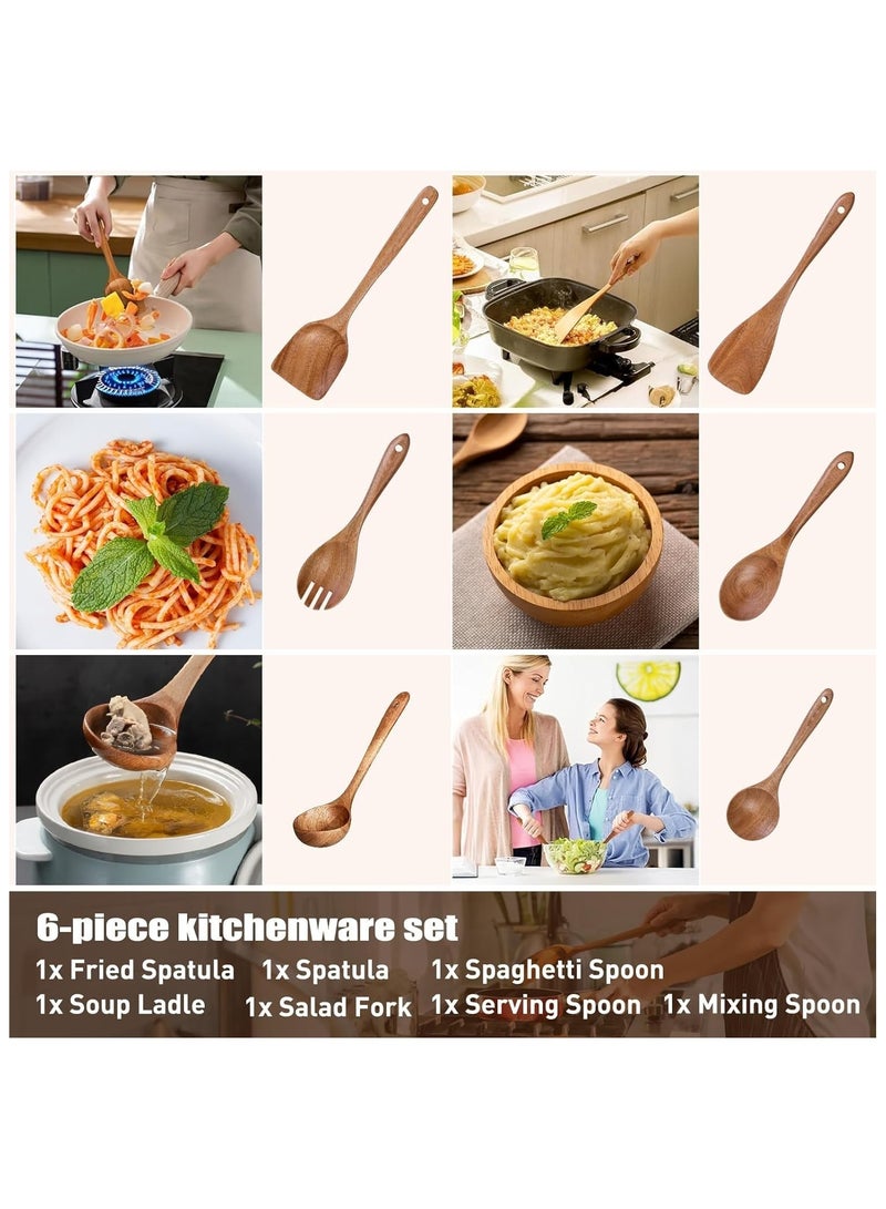 Halamine Wooden Kitchen Utensils Set, LBMT 6Pcs Natural Teak Wooden Spoons For Non-stick Pan for Cooking, Includes Spoons, Ladles, Strainer Spoon, Salad Fork, - Image 4