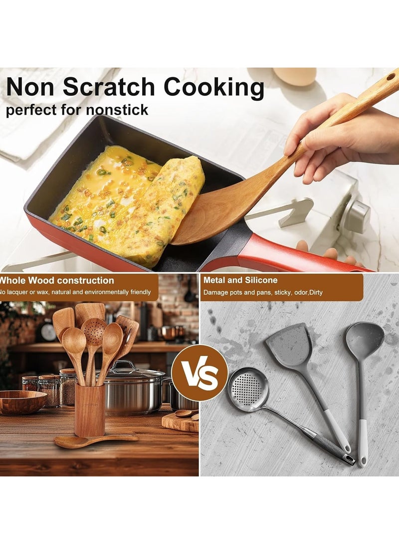 Halamine Wooden Kitchen Utensils Set, LBMT 6Pcs Natural Teak Wooden Spoons For Non-stick Pan for Cooking, Includes Spoons, Ladles, Strainer Spoon, Salad Fork, - Image 5