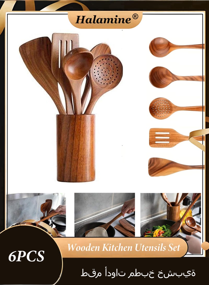 Halamine Wooden Kitchen Utensils Set, LBMT 6Pcs Natural Teak Wooden Spoons For Non-stick Pan for Cooking, Includes Spoons, Ladles, Strainer Spoon, Salad Fork, - Image 1
