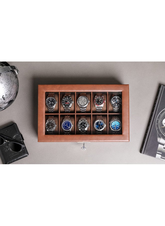 ROTHWELL 10 Slot Leather Watch Box - Luxury Watch Case Display Jewelry Organizer - Locking Watch Display Case Holder with Large Glass Top - Watch Box Organizer for Men and Women (Tan/Brown) - Image 2