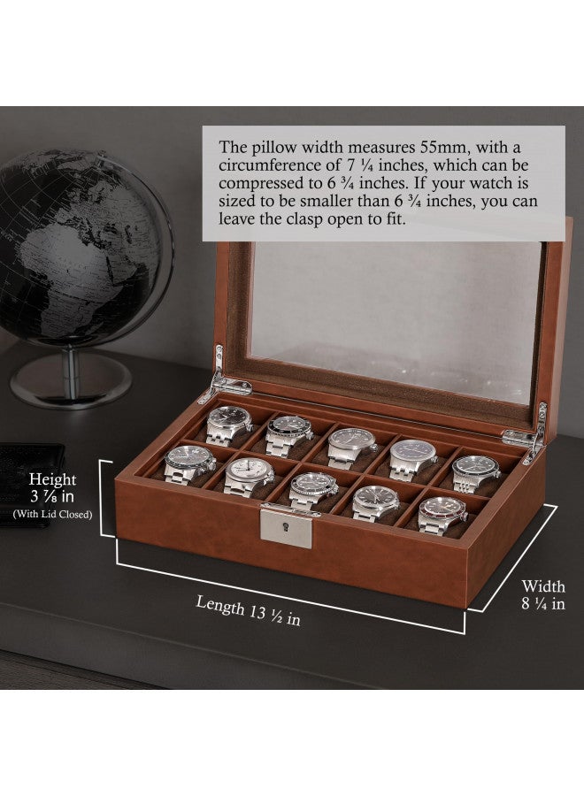 ROTHWELL 10 Slot Leather Watch Box - Luxury Watch Case Display Jewelry Organizer - Locking Watch Display Case Holder with Large Glass Top - Watch Box Organizer for Men and Women (Tan/Brown) - Image 1
