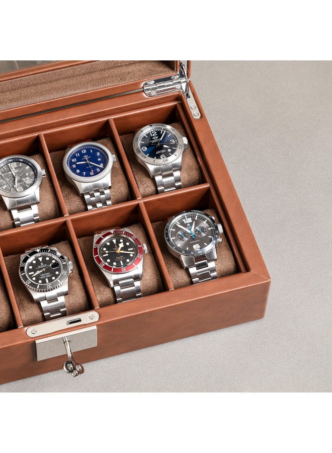ROTHWELL 10 Slot Leather Watch Box - Luxury Watch Case Display Jewelry Organizer - Locking Watch Display Case Holder with Large Glass Top - Watch Box Organizer for Men and Women (Tan/Brown) - Image 4