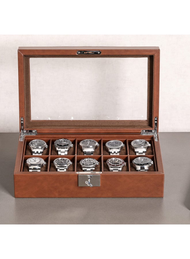 ROTHWELL 10 Slot Leather Watch Box - Luxury Watch Case Display Jewelry Organizer - Locking Watch Display Case Holder with Large Glass Top - Watch Box Organizer for Men and Women (Tan/Brown) - Image 3