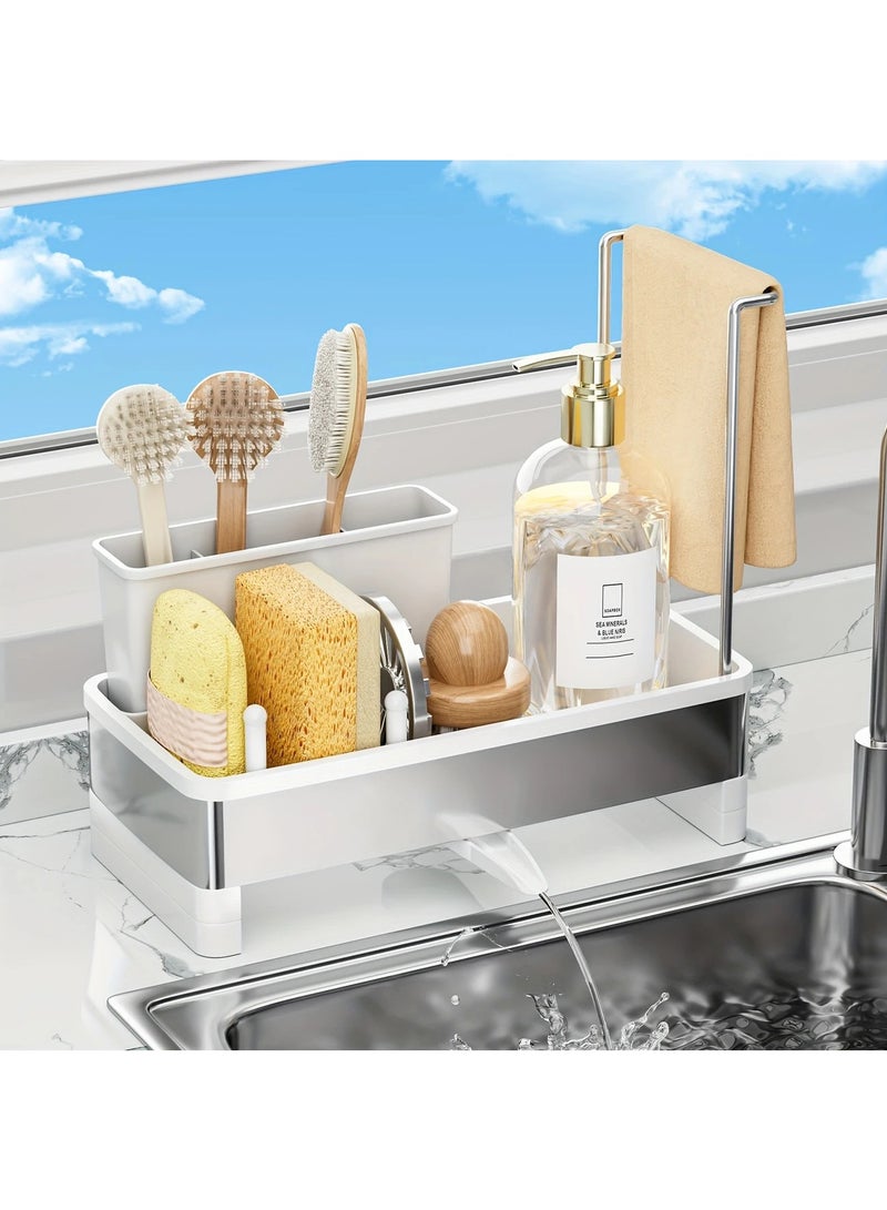 Hihonor Stainless Steel Sponge & Cleaning Tool Organizer Rack for Kitchen Sink - Black Plastic Frame with Drainage, Holds Brushes, Sponges, Cloths & Soap Dispenser, Sponge Holder for Kitchen Sink, White - Image 1