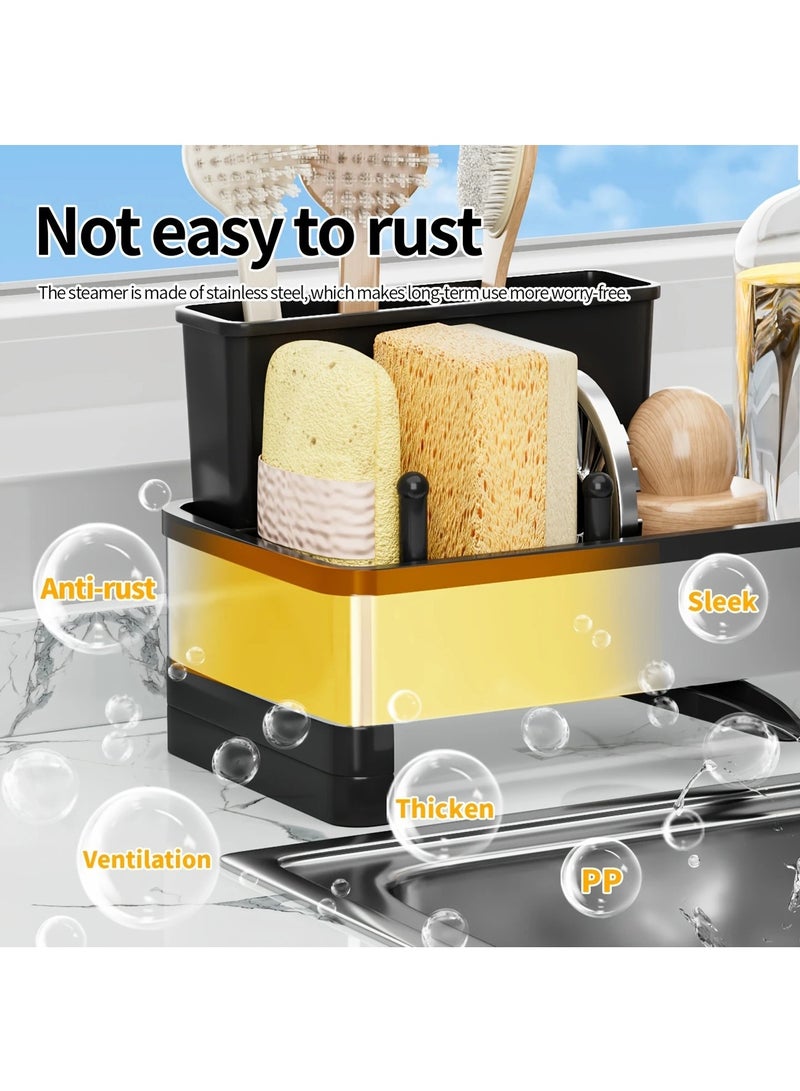 Hihonor Stainless Steel Sponge & Cleaning Tool Organizer Rack for Kitchen Sink - Black Plastic Frame with Drainage, Holds Brushes, Sponges, Cloths & Soap Dispenser, Sponge Holder for Kitchen Sink, White - Image 2