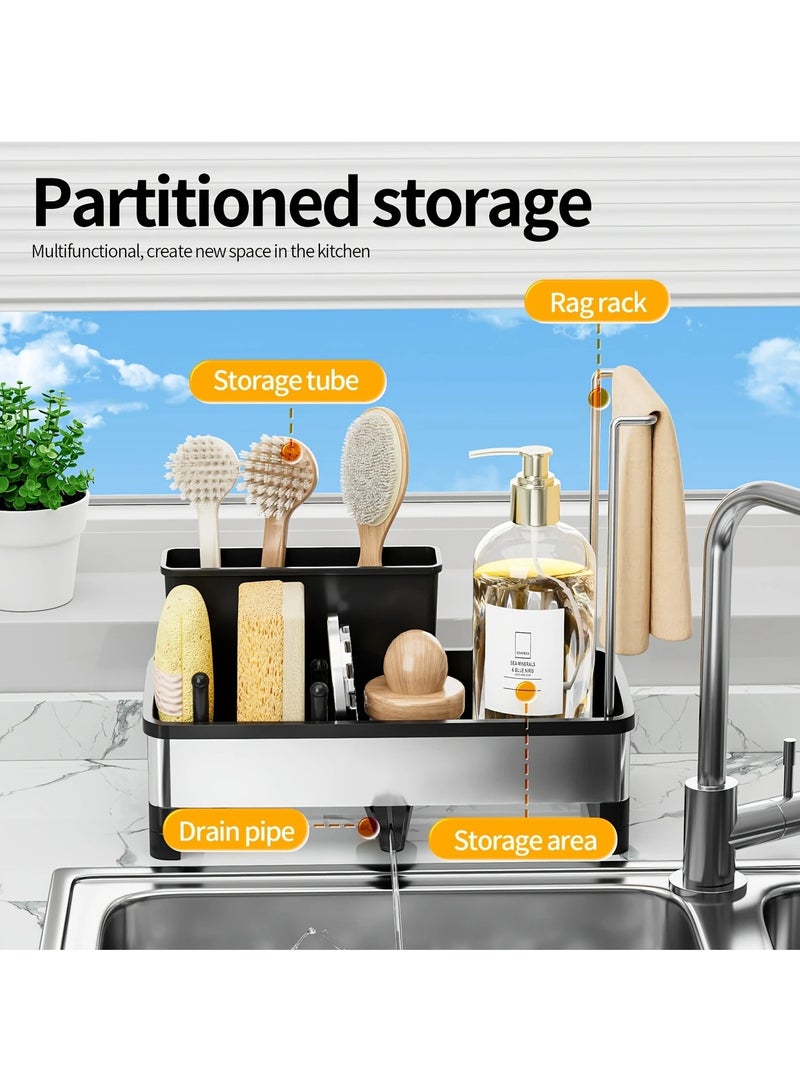 Hihonor Stainless Steel Sponge & Cleaning Tool Organizer Rack for Kitchen Sink - Black Plastic Frame with Drainage, Holds Brushes, Sponges, Cloths & Soap Dispenser, Sponge Holder for Kitchen Sink, White - Image 3