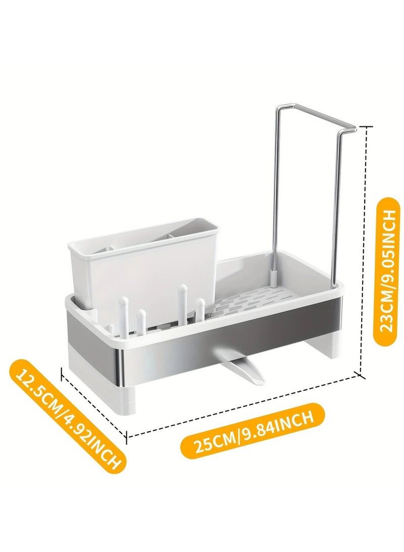Hihonor Stainless Steel Sponge & Cleaning Tool Organizer Rack for Kitchen Sink - Black Plastic Frame with Drainage, Holds Brushes, Sponges, Cloths & Soap Dispenser, Sponge Holder for Kitchen Sink, White - Image 4