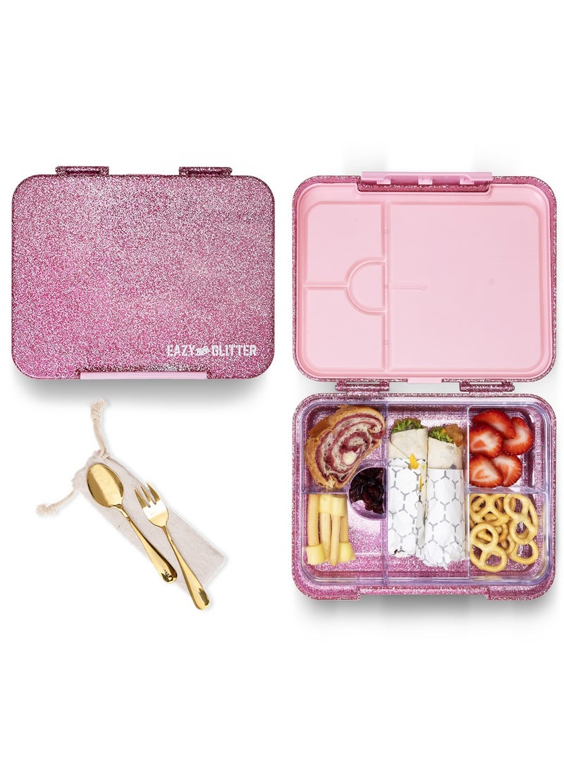 Eazy Kids صندوق غداء بنتو قابل للتحويل 6 و 4 مع مجموعة ملعقة وشوكة - وردي لامع - Image 1