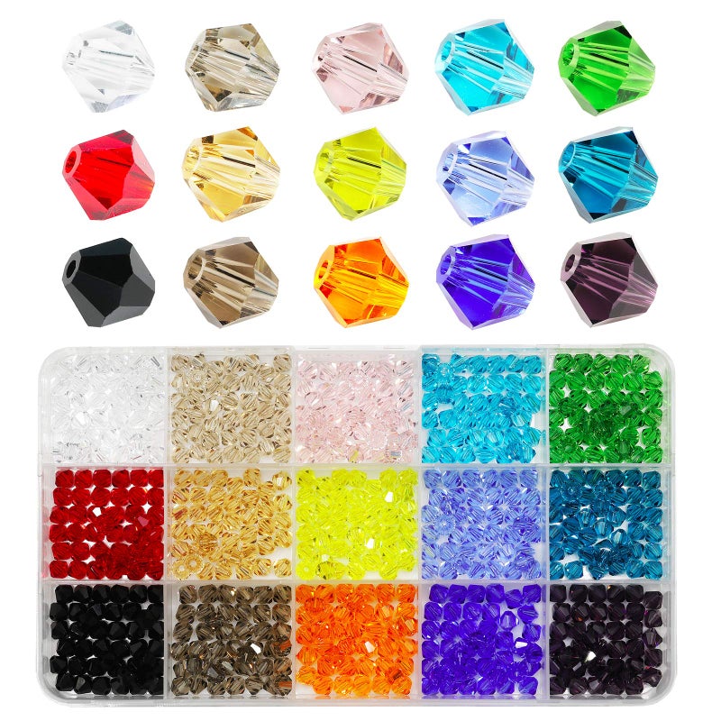 Bicone Faceted Beads BALABEAD 6mm Bicone Faceted Crystal Glass Beads for Jewelry Making DIY Beads for Bracelet 15 Colors Mix Lot in Box Total 600pcs