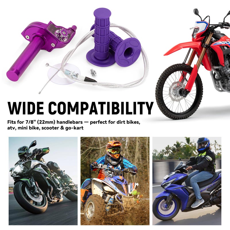 XINGWU Mini Bike Throttle Kit Universal 7/8" 22mm CNC Quick Action Twist Throttle with Cable Throttle Assembly for CRF KLX SSR TTR 50cc-250cc Dirt Pit Bike Mini Bike ATV Motorcycle (Purple) - Image 2