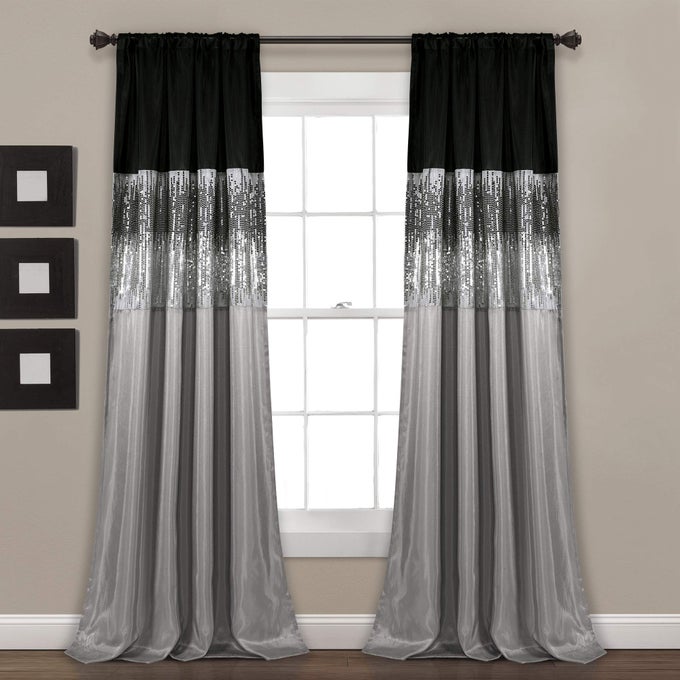 Night Sky Window Curtain Panel Single 42 W x 108 L Black Gray Sequin Curtains Sparkle Color Block Design Modern Glam Decor Extra Long Curtains For Bedroom Living Room