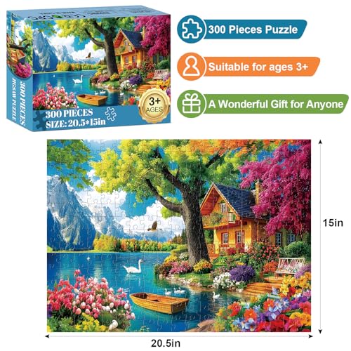 Edsjegn 300 Piece Puzzles for AdultsVintage Lake House Jigsaw Puzzle for Adults Kids ElderlyLarge Piece Tree Puzzle for Kids Age 810 1012Challenging Landscape PuzzleFamily Game Great Gift 205x15in - Image 5