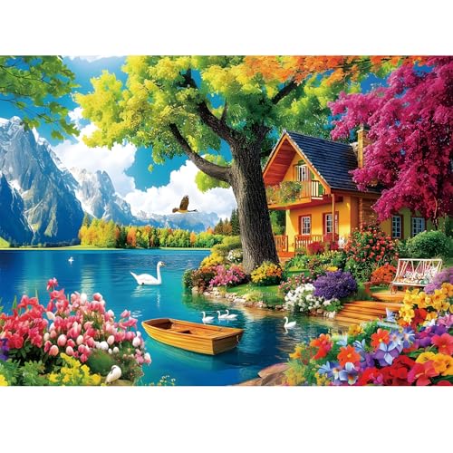 Edsjegn 300 Piece Puzzles for AdultsVintage Lake House Jigsaw Puzzle for Adults Kids ElderlyLarge Piece Tree Puzzle for Kids Age 810 1012Challenging Landscape PuzzleFamily Game Great Gift 205x15in - Image 1